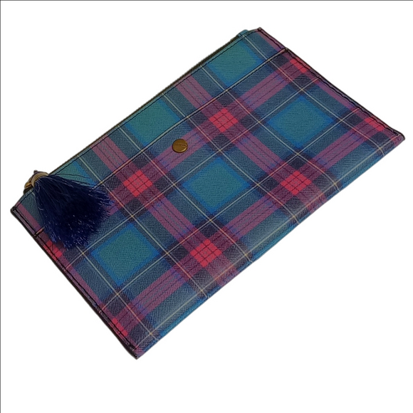 J.CREW BLUE & PINK PLAID ENVELOPE LEATHER CLUTCH WITH TASSEL - Picture 2 of 12